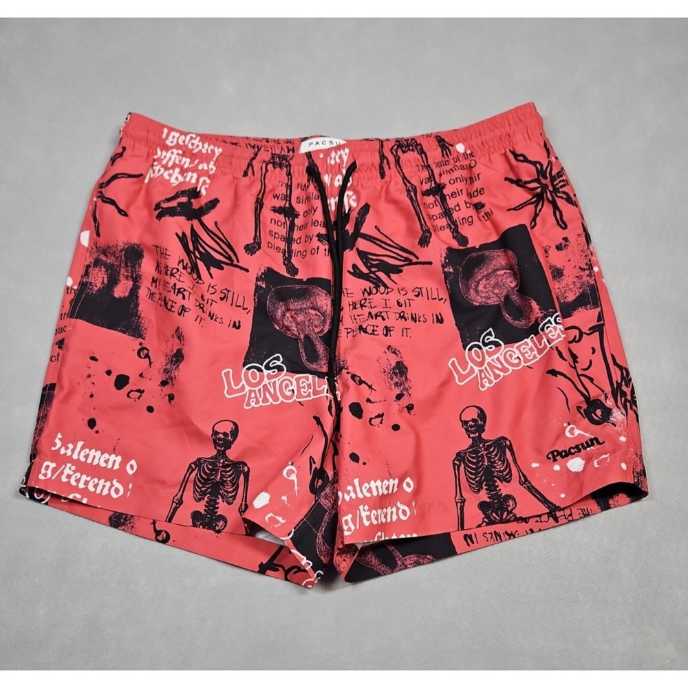Pacsun Mens Red Black Graffiti Skeleton Swim Trunks Board Shorts Medium NWOT‎